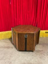 Vintage Mid-Century Modern Hexagonal Wooden Side Table w/ Mirror Inlay & Cupboard. See pics.