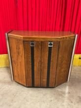 Vintage Mid-Century Modern Trapezoidal Wooden Cabinet w/ Mirror Inlay & Cupboard. See pics.
