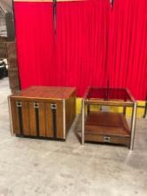 2 pcs Vintage Mid-Century Modern Wooden End Tables w/ Mirror Inlay & Metal Decoration. See pics.