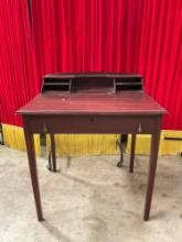 Vintage Wooden Cherry Stained Writing Desk w/ Drawer, Letter Compartments & Brass Knobs. See pics.