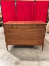 Vintage Wooden Wheeled Glass Topped Lowboy Dresser w/ 6 Drawers & Original Knobs. See pics.
