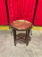 Vintage Brass Topped Wooden Side Table or Planter Tray w/ Scalloped Edges & Unique Shape. See pics.