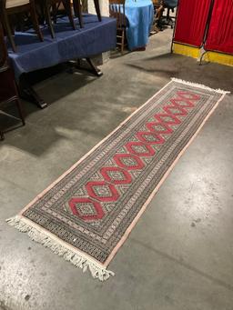 Vintage Wool Pink & Red Persian Hallway Runner Rug w/ Intricate Pattern. 123" x 32" See pics.