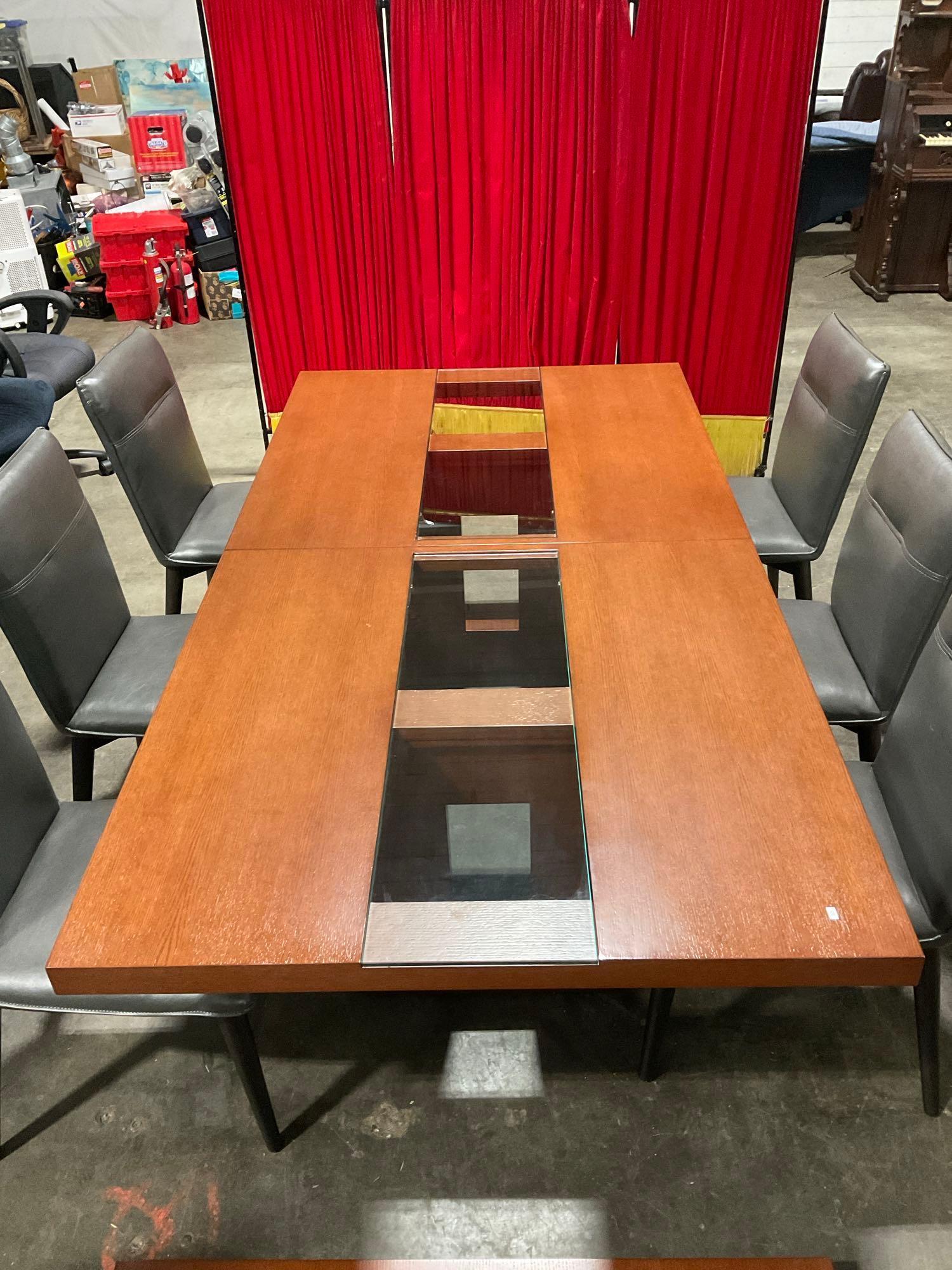 Modern Creative Elegance Oak Veneer Dining Table w/ extra Leaf & 6 Gray Leather Chairs. See pics.