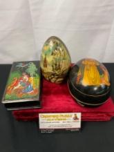 Hand Painted Lacquered Jewelry Box, 1992 Russian Egg, Chinese made Santa & Reindeer Egg Box