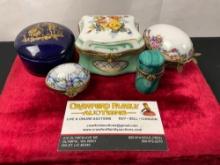 5 Handpainted French Small Jewelry Boxes, Three Marked Limoges