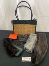 Three Handcrafted Purses & Three Vintage Fur Stoles