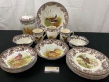 Spode Woodland Pattern China, 18 total pieces, plates, pie dish, cookie jar and more