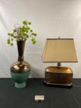 2 pcs Table Decoration Assortment. Global Views Teal & Brass Ceramic Vase. Unique Table Lamp. See