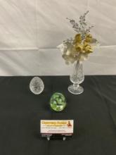 3 pcs Vintage Crystal Decorative Assortment. Ekenas Egg, Waterford Vase, Franklin Mint Egg. See