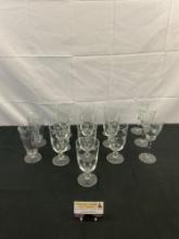 15 pcs Vintage Etched Crystal Drinking Glass Assortment. 12 Water Glasses & 3 Wine Goblets. See