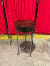 Modern Wood & Metal Round Side Table or Planter Stand w/ 1 Drawer & Wave Pattern Accent. See pics