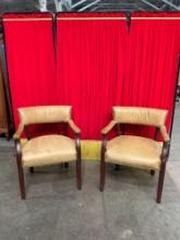 Pair of Vintage Thomasville Wooden Armchairs w/ Tan Leather Upholstery & Brass Studs. See pics.