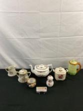 7 pcs Vintage Ceramic Dish Assortment. 1940s Spode Peplow Teapot. Herend Hungary Shaker. See pics.