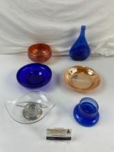 6 pcs Vintage Glassware Assortment. Candy Dish w/ Sterling Silver Base. Fire-King Plate. See pics.
