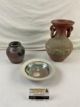 3 pcs Vintage Decorative Ceramic Dish Assortment. Signed Handmade Bowl, 2 Urns. See pics.