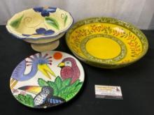 Trio of Handpainted Ceramic Dishware, Large serving bowl, tropical bird plate, Footed Dish w/ flo...
