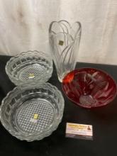 Bleikristall Vase, Pair of USSR made Crystal Bowls, and Red Handcut Czech Bowl