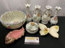 Capodimonte Butterfly Dish, 5 Lipper & Mann pieces, Spanish Strand Woven Porcelain Basket, 8 pcs
