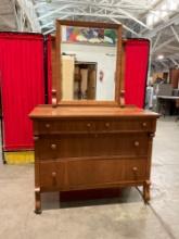 Antique Wooden Wheeled Vanity w/ Revolving Mirror, 4 Drawers & Beautiful Grain. See pics.