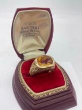 Lovely 14k gold leaf motif design cocktail ring sz 9 with faceted citrine stone 11.13 grams