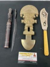 Lima Peru Decorative Knife Plaque, Ant. Victorian SP Fish Knife, African Maasai Sheath Knife, + ...
