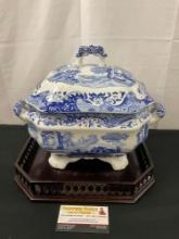 Spode England Italian Soup Tureen C.1816W & 8-sided Wooden Tray