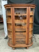 Antique Tiger Oak Display Cabinet w/ 4 Shelves, Glass Front & Curved Glass Sides. See pics.