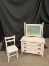 Vintage White Painted Wooden Child's Vanity & Chair w/ Mirror, 3 Drawers & Brass Drawer Pulls. As