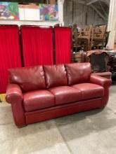 Modern Red Leather Three Seat Couch w/ Pullout Queen Mattress Sleeper Bed. Excellent Condition. See