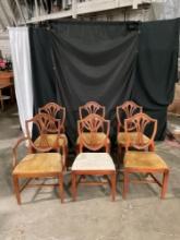 6 pcs Vintage Wood Shield Back Dining Chairs, 1 Arm Chair & 5 Buffet Chairs. See pics.