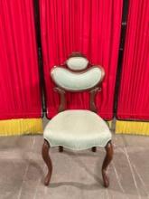 Antique Wood Ladies Parlor Chair w/ Unique Shape & Marbled Sea Foam Green Upholstery. See pics.
