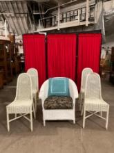 5 pcs Vintage White Painted Wicker Chairs. 4 Matched Buffet Chairs & 1 Armchair. See pics.