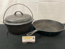 Three Cast Iron Pieces, Dutch Oven & Griswold Lid, 11.5 inch skillet