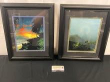 Pair of Framed Hawaii Prints, Beach w/ Sunset titled Poipu Radiance & Misty Rainbow Canopy
