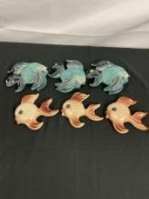 6 Ceramic Handpainted Fish w/ Nice Teal & Tan Colorways - See pics