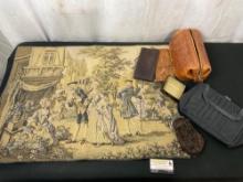 Antique Tapestry Wall Hanging French & 5 Wallets & Bags, incl Vintage Mexican Bag & Beaded handbag