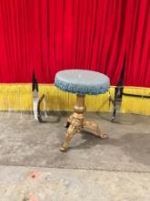 Antique Foot Stool or Vanity Seat w/ Blue Upholstery, Wooden Base & Painted Gold Cast Iron Feet. ...