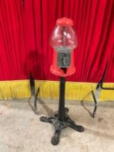 Vintage Red Metal & Glass Coin Operated Candy Dispenser w/ Black Cast Iron Stand. See pics.