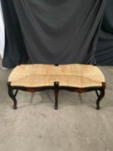 Vintage Woven Rattan Topped Wooden Two Seat Bench w/ Cabriole Legs & Unique Shape. See pics.