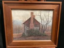 Framed Log House Picture, Prairie House w/ Red Brick Chimney