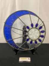 Sun & Moon Stained Glass Panel, Blue & Clear Glass