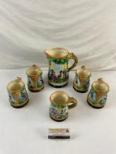 6 pcs Vintage Japanese Painted Ceramic Collectible Beer Steins w/ Dancing Scene. See pics.