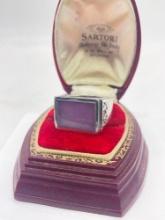 Vintage Badavici 14k and .925 sterling silver sz 9 ring with large rectangular purple stone setting