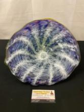 Large Blown Glass Bowl, Blue/White sunburst pattern w/ Lime green rim of clear glass