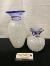 Pair of White Blown Glass Vases w/ String of Blue Glass Wrapped around the rim