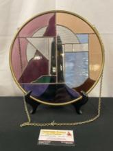 Vintage Hanging Stained Glass Round Window With Chain, multicolored, brass rim