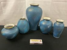 Group of 5 Handpainted Ceramic Vases Blue w/ Gold Details
