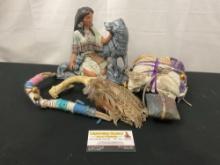 Assortment of Native American Pieces, Ceramic Woman & Wolf Figure, Fan made of bone & feathers...