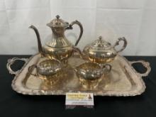 Antique Electroplated Copper Tea Set, Teapot, creamer, sugar, and coffee pot by Primrose Plate #357